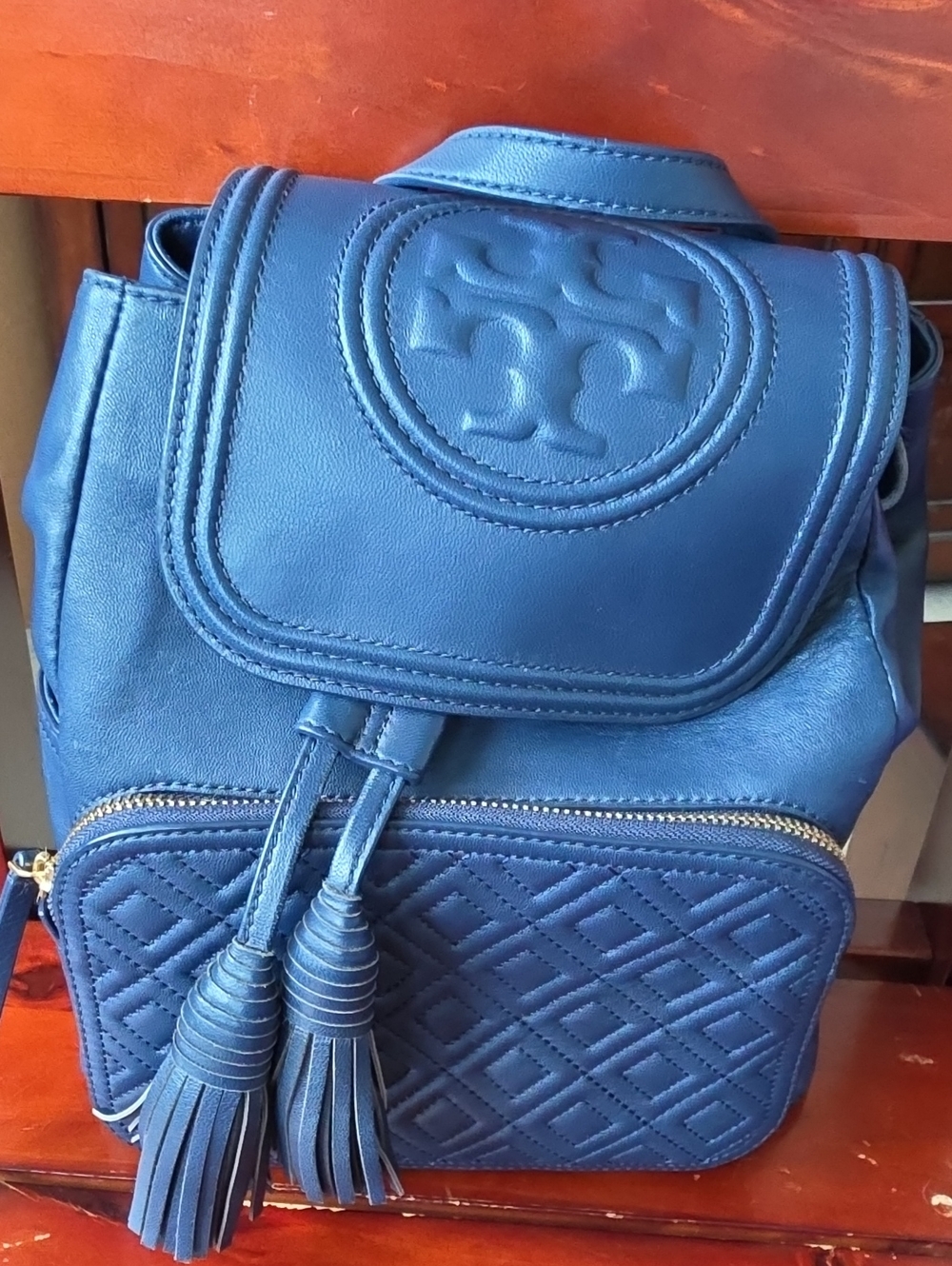 Tory Burch Navy Quilted Leather Backpack